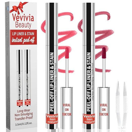 2pcs Lip Stain Peel Off - Lip Liner Stain Long Lasting Waterproof,2-in-1 Lip Liner with Tweezer Nude Matte,Non-Stick Cup,Highly Pigmented，Natural Finish,Stay On All Day,Perfect for Gift (Nude+Mauve)-Velvo Beauty