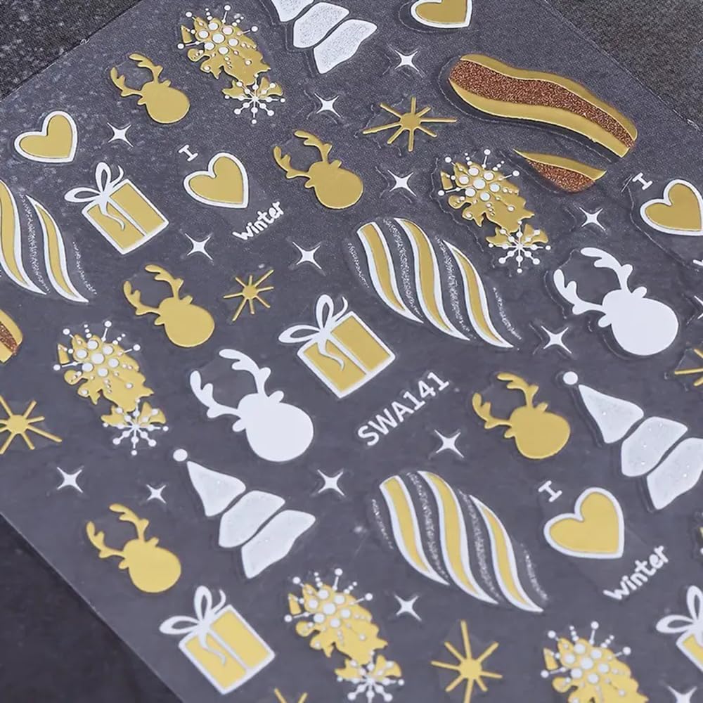 2PCS Christmas Nail Art Stickers, Winter Snowflake Reindeer Nail Stickers Christmas Gift Heart Pattern Self-Adhesive Nail Decals, DIY Nails Art Decoration, Festive Nails Supplies, Xmas Nails Charms-Velvo Beauty