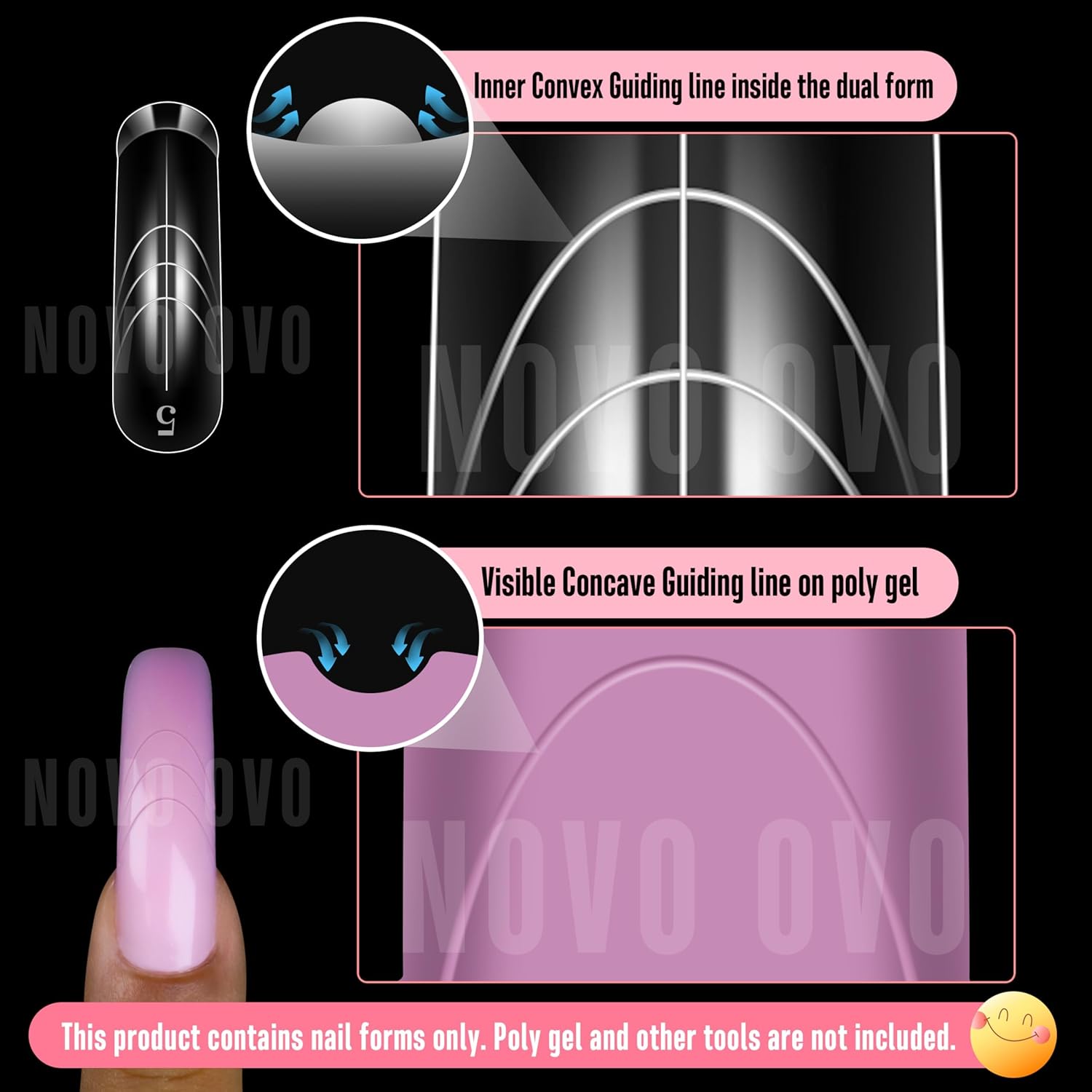 Helloween Curved Square Nail Dual Forms for Poly Gel Extension with Guiding Line Inside, M L XL Reusable Full Cover Acrylic/Builder/Hard Gel Polygel Molds for Salon DIY x 15 sizes 150 Pcs-Velvo Beauty