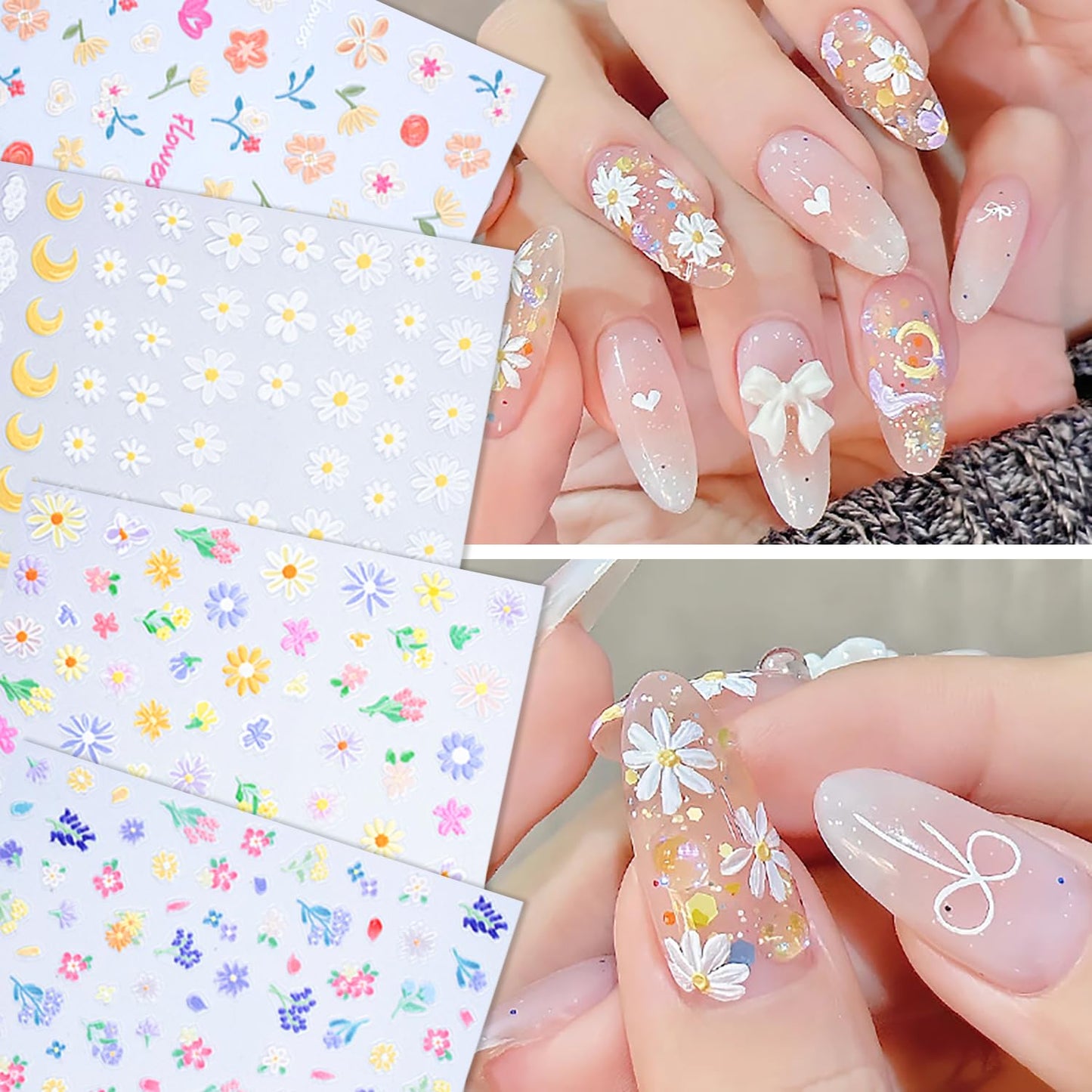 SILPECWEE 8 Sheets Flower Nail Art Stickers 3D Flower Daisy Nail Stickers Self-Adhesive Nail Design Stickers Spring Nail Decals for Nail Art Decoration Accessories-Velvo Beauty