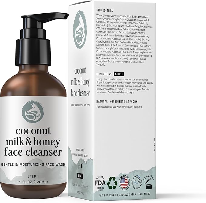 Hydrating Face Cleanser - Coconut Milk & Honey 4oz | Nourishing Daily Cleanser for All Skin Types — Gentle Non-Drying Formula, Fragrance-Free with Jojoba Oil & Aloe, Ideal for Sensitive Skin-Velvo Beauty
