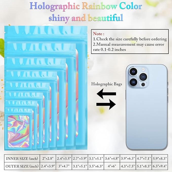 ANZNKU 100 Pack Mylar Bags Reasealable Holographic Bags, Smell Proof Bag Zipper Pouches with Clear Window, Jewelry Candy Sealable Bag for Packaging Sample Party Favor(Blue, 7.1 x 10.2 Inch)-Velvo Beauty