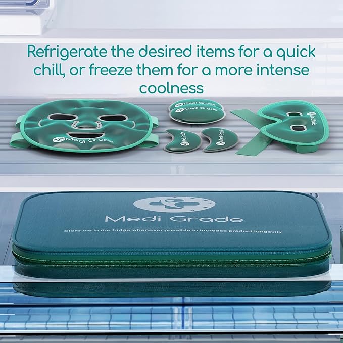 Medi Grade Cooling Ice Face Mask and Cooling Eye Mask for Puffy Eyes & Migraine Relief - Self Care Face Ice Pack with ChillGel Face Ice Mask Technology - Cooling Face Mask, Eye Pads and Bag-Velvo Beauty