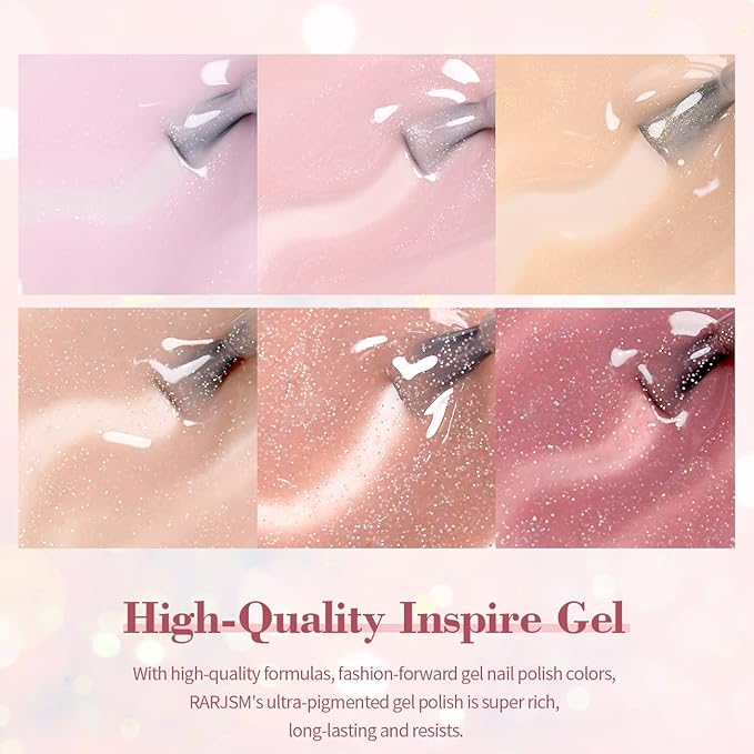 RARJSM Glitter Gel Nail Polish Nude Gel Polish 6pcs Set Shimmery Jelly Nail Gel Polish Iridescent Sparkly Pale Pink Purple Apricot Beige Translucent Natural Skin Tone Color 7.5ml Soak off UV LED Cured-Velvo Beauty
