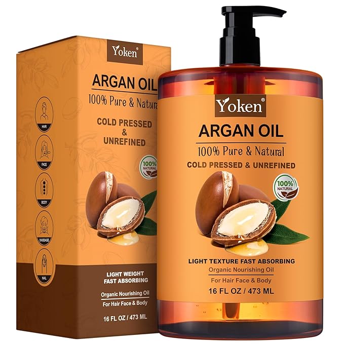 Yoken Argan Oil for Hair, Pure and Natural Morocco Argan Oil, Argon Oil For Hair, Scalp, Face & Skin Care, 100% Cold Pressed Hair Conditioner, Unrefined Argon Nails Carrier Oil (16 Fl Oz)-Velvo Beauty