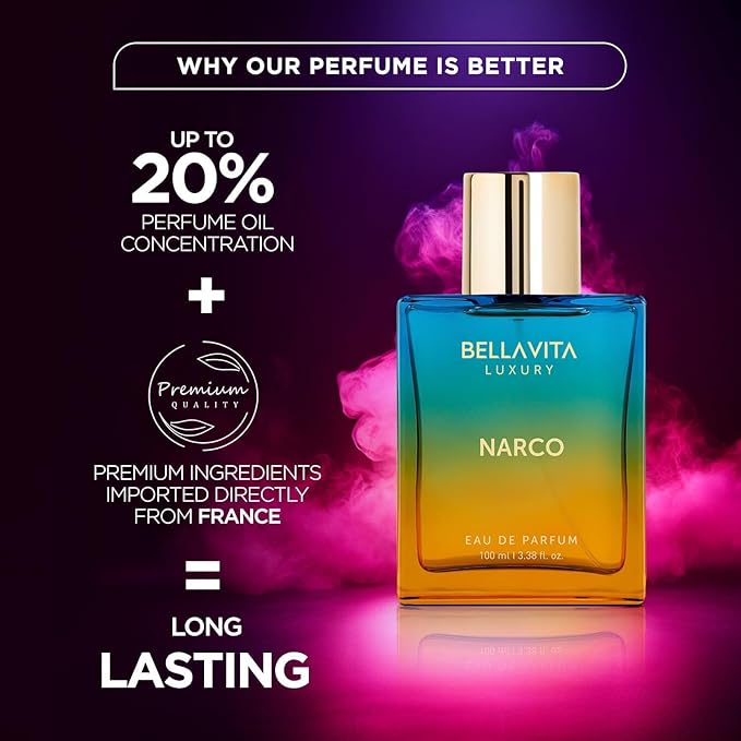 BELLAVITA Luxury NARCO Unisex Perfume for Women and Men | Notes of Bergamot, Jasmine and White Musk | Long-Lasting Luxury Perfume Oils | French Parfum for Women & Men, 100 ML-Velvo Beauty