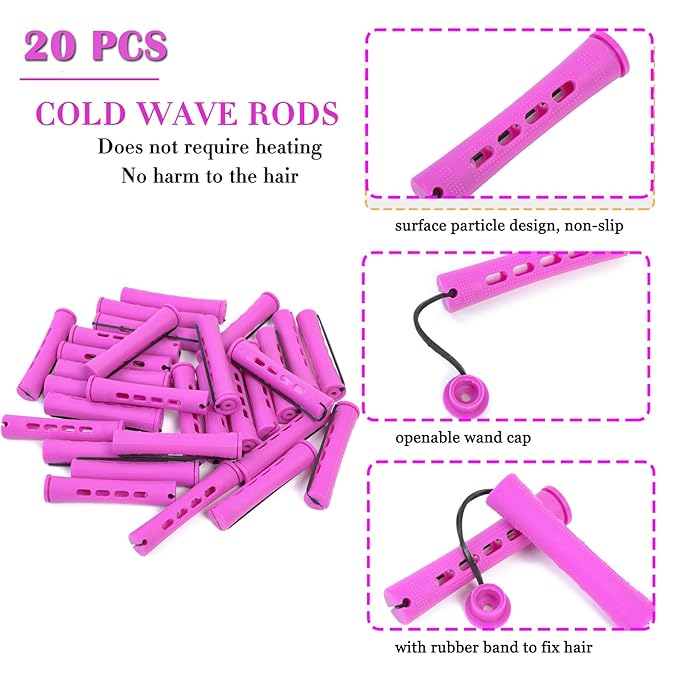 YOROSTAR 20pcs Purple Plastic Perm Rods Set for Natural Hair Cold Wave Rods Hair Rollers for Long Short Women's Hair DIY Hairdressing Tools-Velvo Beauty