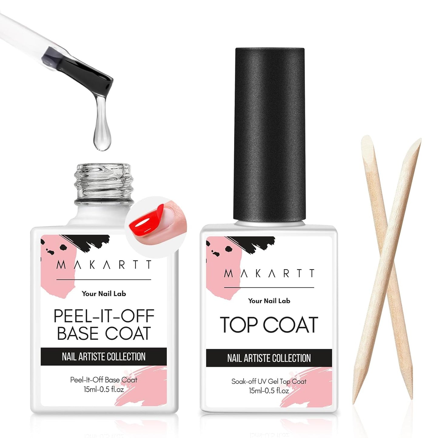 Makartt 15ml No Wipe Gel Top Coat and Peel Off Base Coat Set - 2Pcs Shine Finish Long Lasting No Filing Soak Off Clear Top Base Gel, UV LED Nail Lamp Required, for Women Nail Art DIY-Velvo Beauty