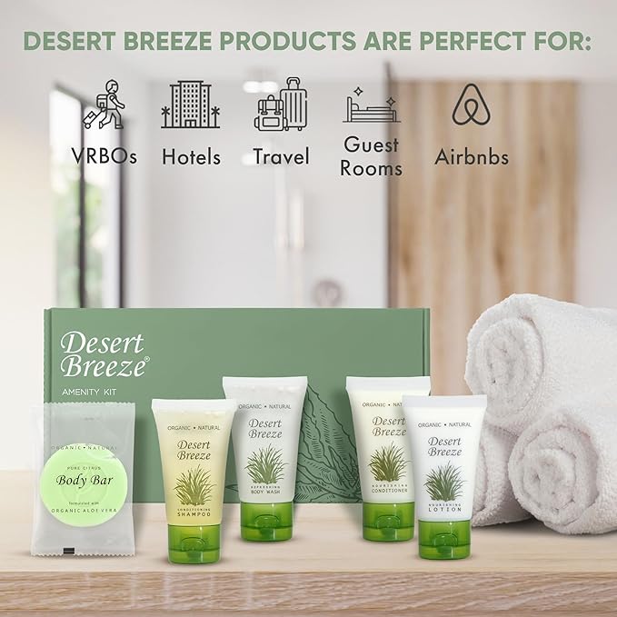 Dessert Breeze Amenity Kit | Boxed Hotel Toiletries | Bulk Set 1oz Travel Size Shampoo, Conditioner, Lotion, Body Wash & Body Bar Soap for Guest Hospitality AirBnB/Vacation Rentals | 60 sets per case-Velvo Beauty