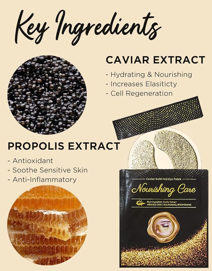 YURICOS Caviar Gold Foil Under Eye Mask Patch for Dark Circles and Puffiness 20 Pairs - Premium Anti-Aging 24k Gold Eye Mask to Diminish Under Eye Wrinkles, Lines-Velvo Beauty