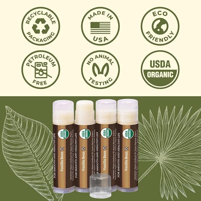 USDA Organic Lip Balm 4-Pack by Earth's Daughter - Vanilla Flavor, Beeswax, Coconut Oil, Vitamin E - Best Lip Repair Chapstick for Dry Cracked Lips.-Velvo Beauty