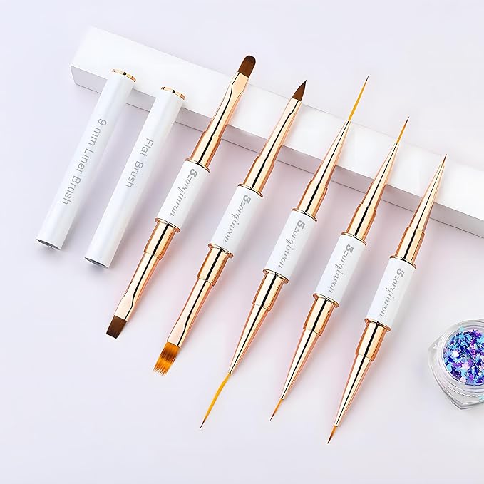 Nail Art Bushes Set, Professional 5Pcs Double-Ended Nail Brush Kit for Details, Long Lines, Ombre & 3D Design-Perfect for DIY Manicures & Salons (White)-Velvo Beauty