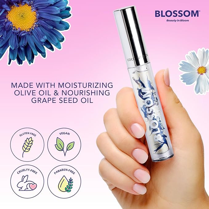 Blossom Moisturizing and Hydrating Shimmer Sparkle Lip Oil with Olive Oil + Grape Seed Oil, Infused with Real Flowers, 3g, Coconut-Velvo Beauty