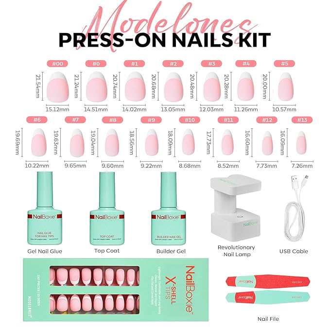 Modelones Gel Nail Kit, Press On Nails Kit with LED Light, 150 PCS Short Pink Almond, 15 Sizes French Tip Press on Nails, NailBoxie Pre-Colored Nail Tips for Easy DIY Nail Art-Velvo Beauty