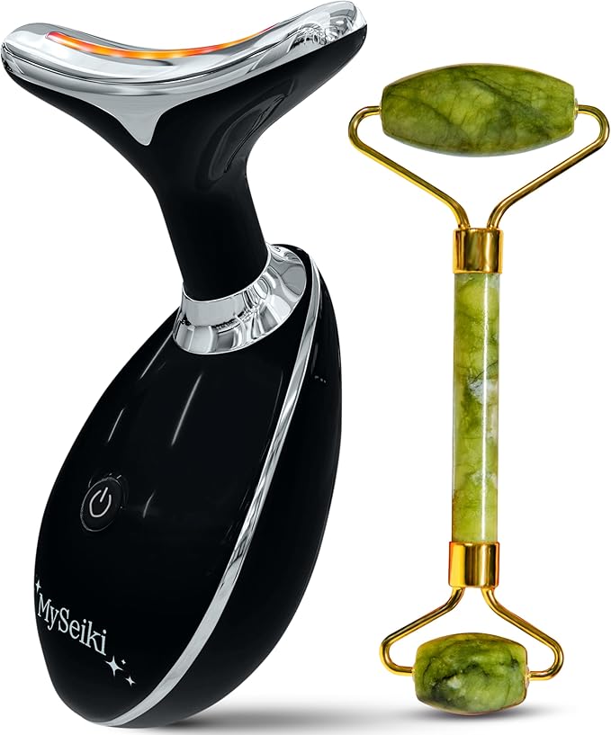 7 LED Light Beauty Tool – Face and Neck Massager with Jade Roller, Case, Black-Velvo Beauty
