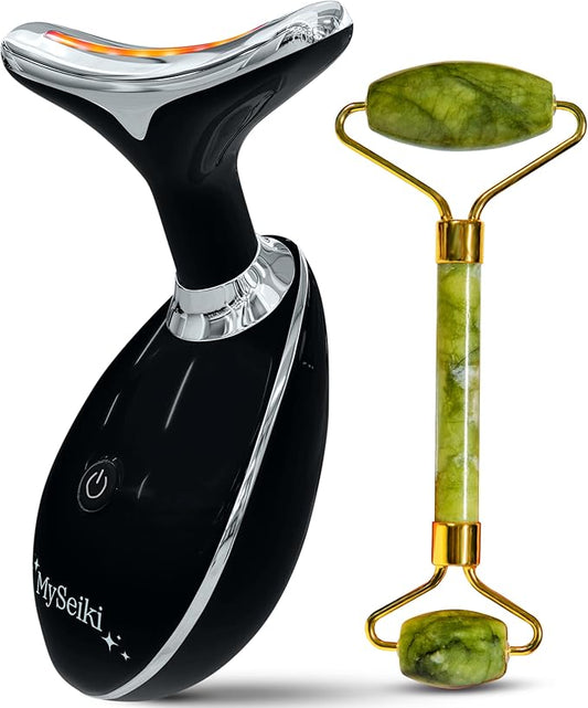 7 LED Light Beauty Tool – Face and Neck Massager with Jade Roller, Case, Black-Velvo Beauty