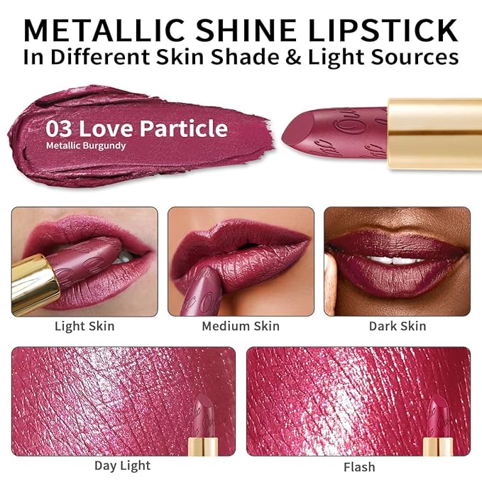 Oulac Burgundy Lipstick for Women with Metallic 3D Shine Lightweight Hydrating Formula, High Impact Lip Color, Vegan Beauty, Full Coverage Lip Makeup, Christmas Gifts for Women, Love Particle(03)-Velvo Beauty