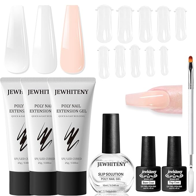 JEWHITENY Poly Extension Gel Nail Set Clear White Pink Poly Nail Gel With Slip Solution Base Coat Top Coat French Manicure for Finger Art and Home DIY Need U V Lamp Curing-Velvo Beauty