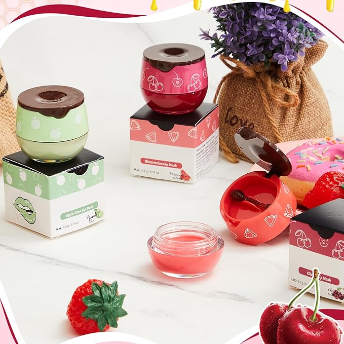 12 Pcs Bee Lip Balm Honey Pot with Brush Propolis Lip Mask Overnight, Moisturizing Hydrating Lip Sleeping Mask Prevention Dry and Cracked(Honey+Strawberry+Watermelon+Apple Lime+Cherry)-Velvo Beauty