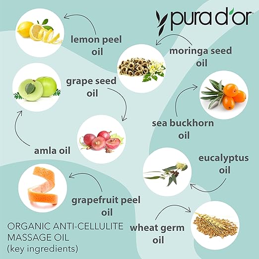 PURA D'OR 16 Oz Organic Anti-Cellulite Massage Oil - Lemon Peel, Moringa, Grape Seed, Grapefruit & Eucalyptus Oils - Skin Firming & Tightening for Active Individuals & Aging Adults-Velvo Beauty