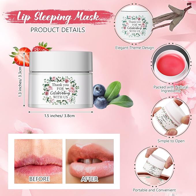 12 Pcs Thank You Lip Sleeping Mask Bulk Bridal Shower Gifts for Guests Thank You for Celebrating with Us Lip Mask Moisturize Nourish for Wedding Bridal Shower Favor Christmas Gift(Floral)-Velvo Beauty