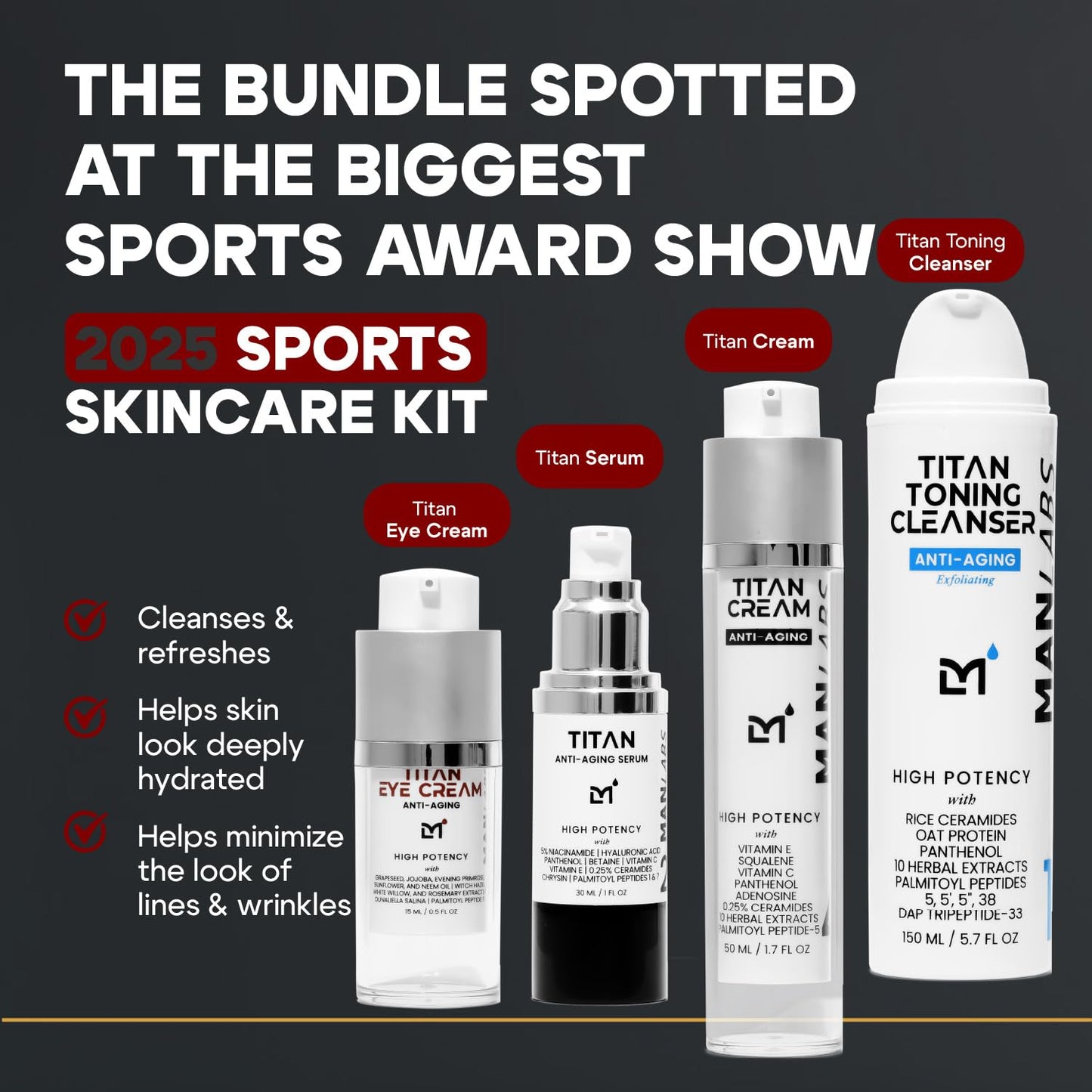 Titan Sports Anti-Aging Mens Skin Care Kit – Cleanser, Face Serum, Eye Cream, Face Moisturizer – Men, Skin Care Set – Dark Circles, Wrinkles, Fine Lines – Vitamin C, Niacinamide, HA–Unscented-Velvo Beauty