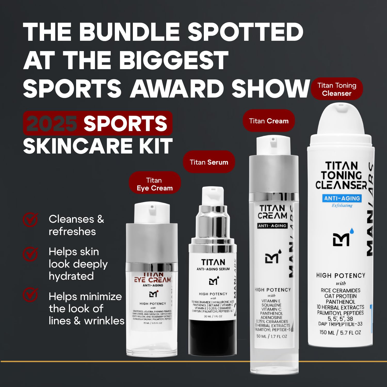 Titan Sports Anti-Aging Mens Skin Care Kit – Cleanser, Face Serum, Eye Cream, Face Moisturizer – Men, Skin Care Set – Dark Circles, Wrinkles, Fine Lines – Vitamin C, Niacinamide, HA–Unscented-Velvo Beauty