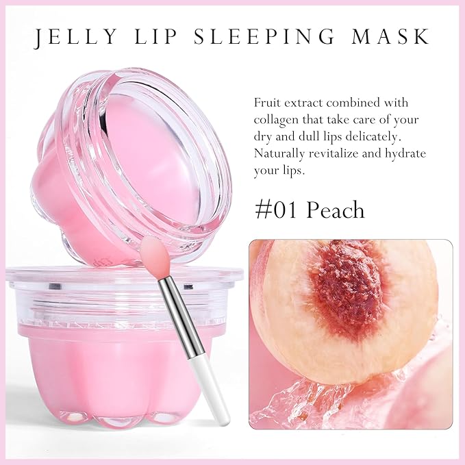 2Pc Jelly Lip Mask Overnight,Fruity Peach Lip Sleeping Mask Day Night Repair Kawaii Lip Balm Hydrate Plump Dry Lip Scrubs Exfoliator,Lip Care Lip Moisturizer with Collagen-Peach-Velvo Beauty