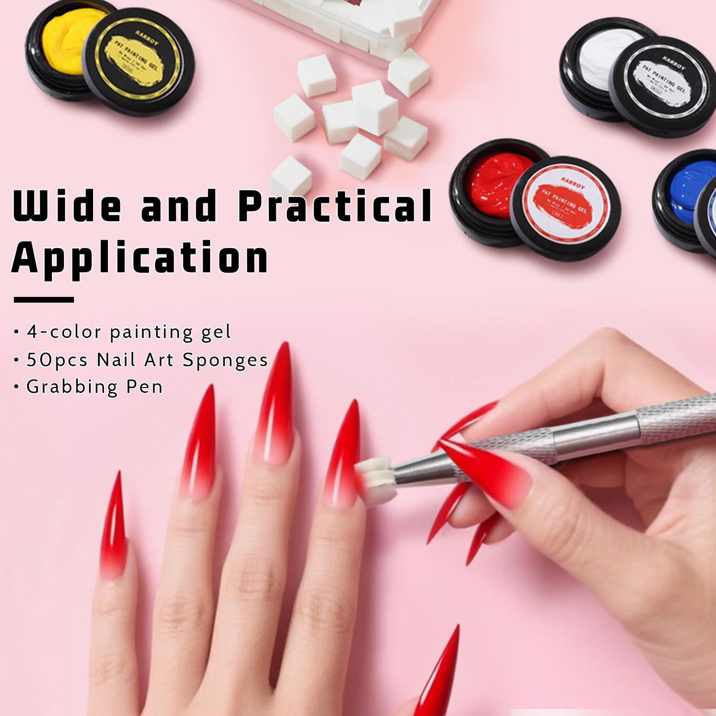 Sponge Patting Painting Nail Gel Set, 50PCS Sponges with Grabber for Ombre Gradient Nails, Blending Mixing Colors Blue Red Yellow, Aurora Nails Art Design (50Sponges & Grabber & 3PrimaryColors)-Velvo Beauty