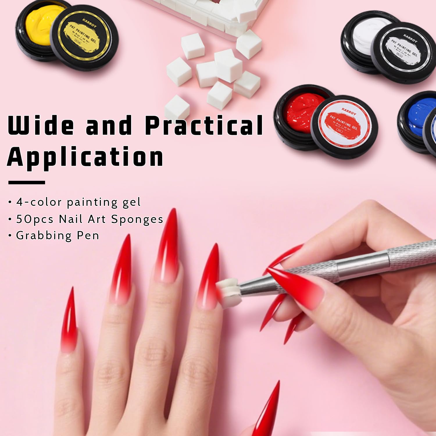 Sponge Patting Painting Nail Gel Set, 50PCS Sponges with Grabber for Ombre Gradient Nails, Blending Mixing Colors Blue Red Yellow, Aurora Nails Art Design (50Sponges & Grabber & 3PrimaryColors)-Velvo Beauty