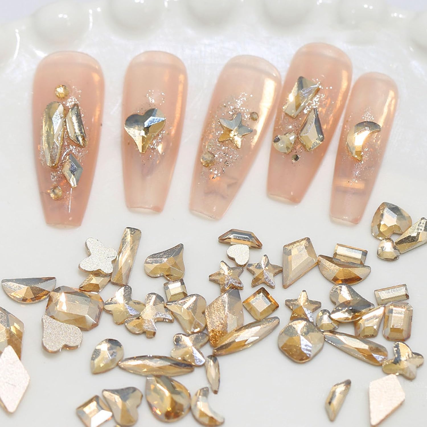 Nail Rhinestones Kit, 18 Types of 900 Special-Shaped Nail Diamonds + 3200 Flat-Bottomed Rhinestones, Champagne Crystals DIY Crafts Gold Gemstones for Nail Art Design-Velvo Beauty