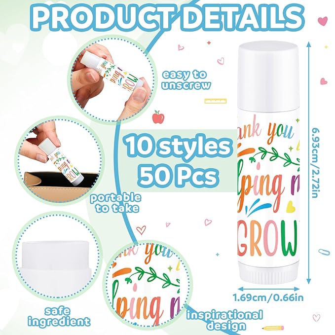 Dunzy 50 Pcs Thank You Gift Lip Balm Bulk Baby Shower Party Favors Bridal Shower Favor Lip Care with Assorted Fruit Flavors Thank You Lipstick for Guest Basket Gift Stuffer (Teacher)-Velvo Beauty