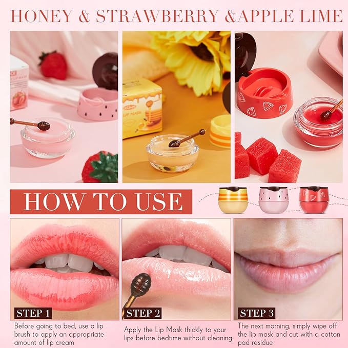 12 Pcs Bee Lip Balm Honey Pot with Brush Propolis Lip Mask Overnight, Moisturizing Hydrating Lip Sleeping Mask Prevention Dry and Cracked(Honey+Strawberry+Watermelon)-Velvo Beauty