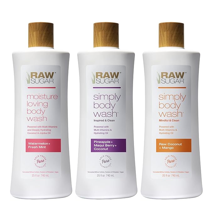 RAW SUGAR Simply Body Wash Variety Trio (25 Fl Oz, Pack of 3) Vegan Bath & Shower Gel, Raw Coconut + Mango, Pineapple + Maqui Berry + Coconut and Watermelon + Fresh Mint, No Sulfates & Parabens-Velvo Beauty