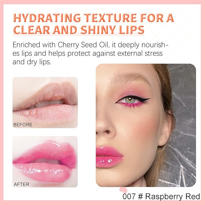 Hydrating Lip Glow Oil, Plumping Watery Lip Gloss, Refreshing Moisturizing Lip Oil Tinted Lip Balm, Lasting Nourishing Revitalizing Lip Tint Lip Care (07# Raspberry Red)-Velvo Beauty