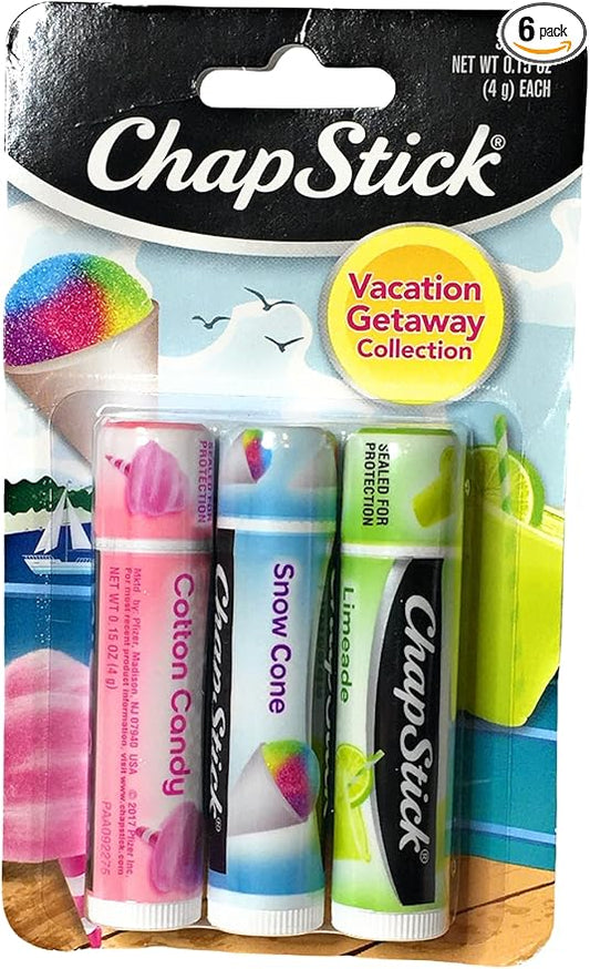 (1) Pack of 3 Count ChapStick Vacation Getaway Collection Lip Balm (Flavors Include Cotton Candy, Snow Cone and Limeade)-Velvo Beauty