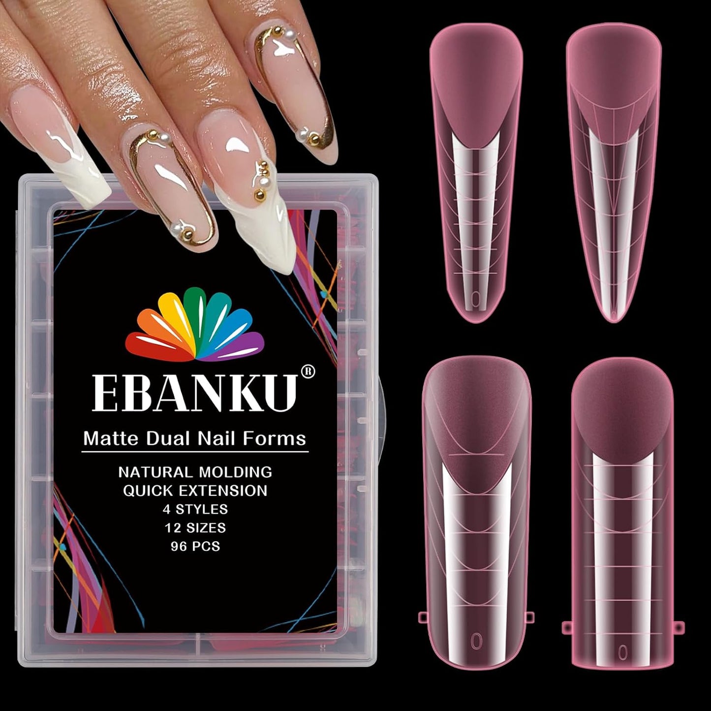 EBANKU Pink Dual Nail Forms, Full Cover Nail Mold Tips Acrylic Nail Extension Tools Scale for Poly Gel Nail Art Salon Nails Design, 96PCS-Velvo Beauty