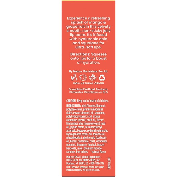 Burt’s Bees Mango Grapefruit Lip Jelly Balm, With Hyaluronic Acid and Squalane Moisturizer To Instantly Hydrate Lips, Lip Gloss With Responsibly Sourced Beeswax, Tint-Free, Lip Treatment, 0.45 oz.-Velvo Beauty