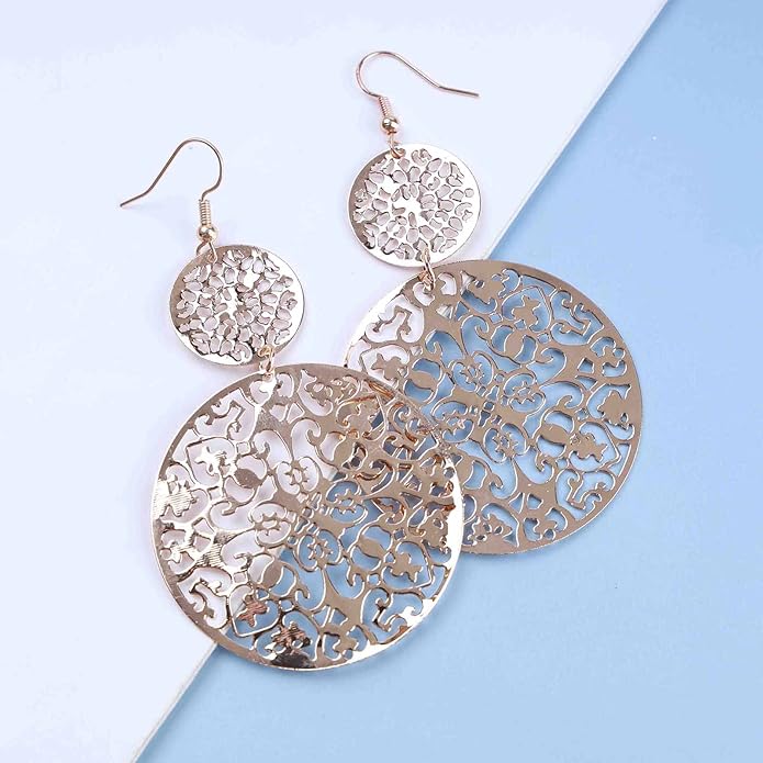 Filigree Hollow Disc Dangle Drop Earrings Boho Gold Ethnic Carved Flower Earrings Double Round Disc Drop Earrings Statement Hook Earrings Wedding Bridesmaid Jewelry for Women and Girls-Velvo Beauty