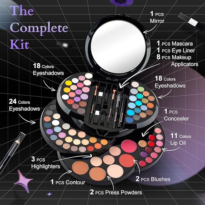 Color Nymph Makeup Kit For Teen Girls, Ball Case Full Kit Makeup Kit For Beginner Practice Professional Makeup Set with 60 colors eyeshadows, 11 colors lip glosses, Highlighter Bronzer Mascara etc-Velvo Beauty
