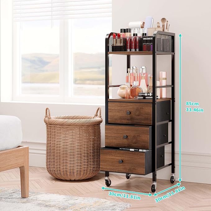 HapiRm Rolling Makeup Cart Organizer - Floor Skincare Make Up Storage with 3 Drawers, Vanity Organizer Cosmetic Display Cases Holder for Skin Care Perfume Nail Polish Brush Hair Tool-Velvo Beauty