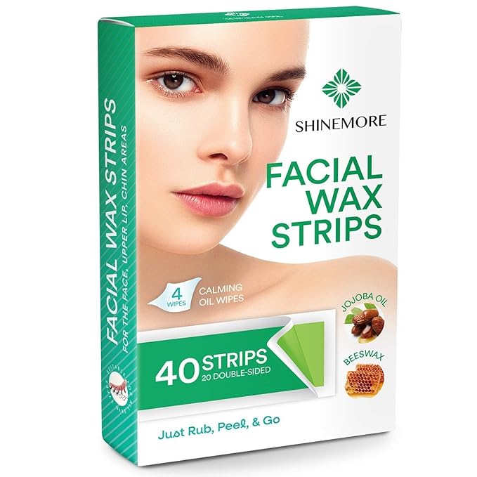 ShineMore Facial Wax Strips for hair removal - Hypoallergenic for All Skin Types - - Gentle and Fast-Working for Face, Eyebrow, Upper Lip, and Chin (40 Women Wax Strips + 4 Calming Oil Wipes NATURE NATION Ingredients )-Velvo Beauty