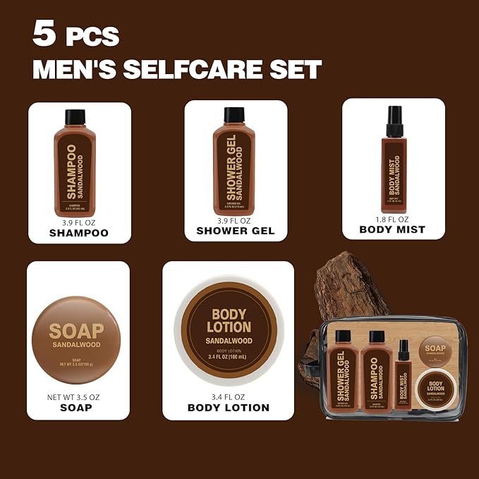 Gift Sets for Men Bath and Body Mens Gifts 6pcs Sandalwood Travel Size sets with Shampoo, Shower Gel, Soap, Body Lotion, Birthday Gifts for Men, Self Care Fathers Day Gifts-Velvo Beauty