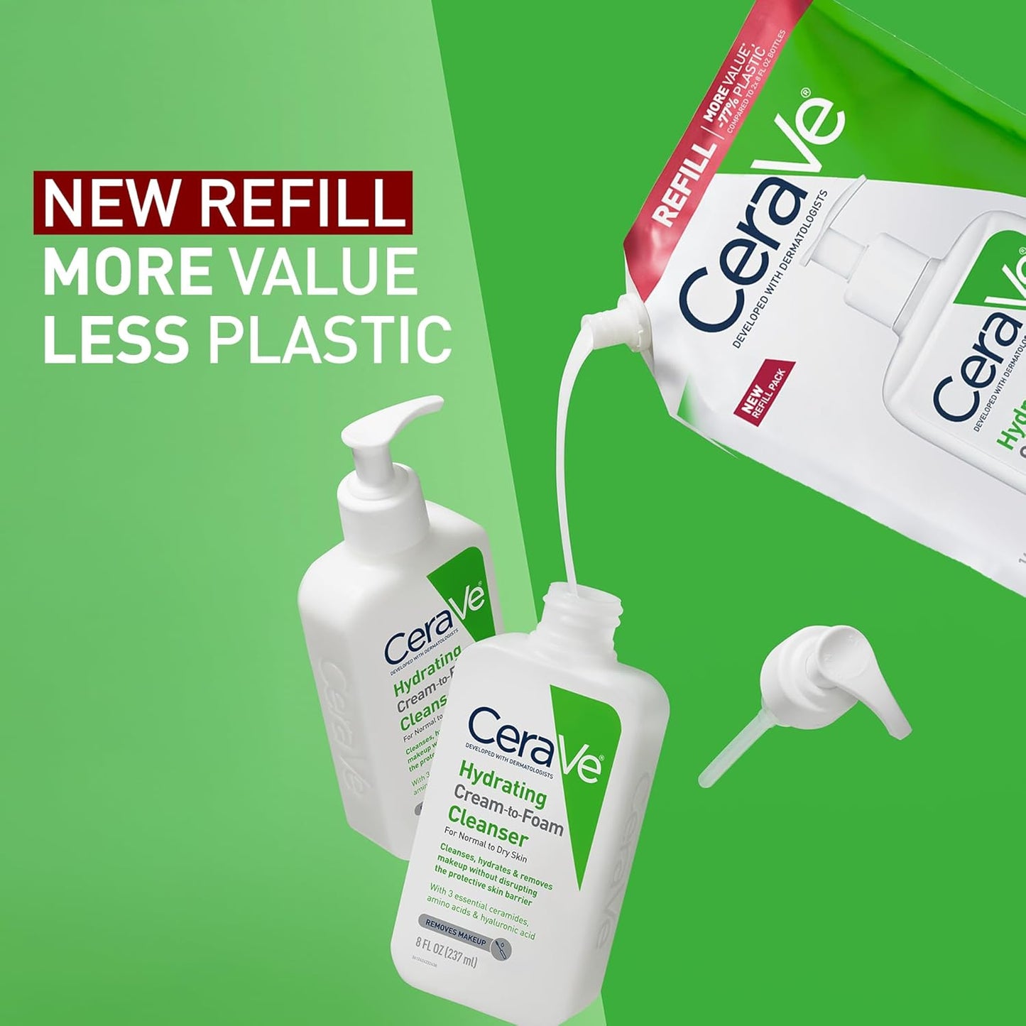 CeraVe Hydrating Cream To Foam Cleanser, Makeup Remover Face Wash For Dry Skin, Foaming Facial Cleanser With Hyaluronic Acid, Normal To Dry Skin, Fragrance Free & Non Comedogenic, 16 Ounce Refill-Velvo Beauty