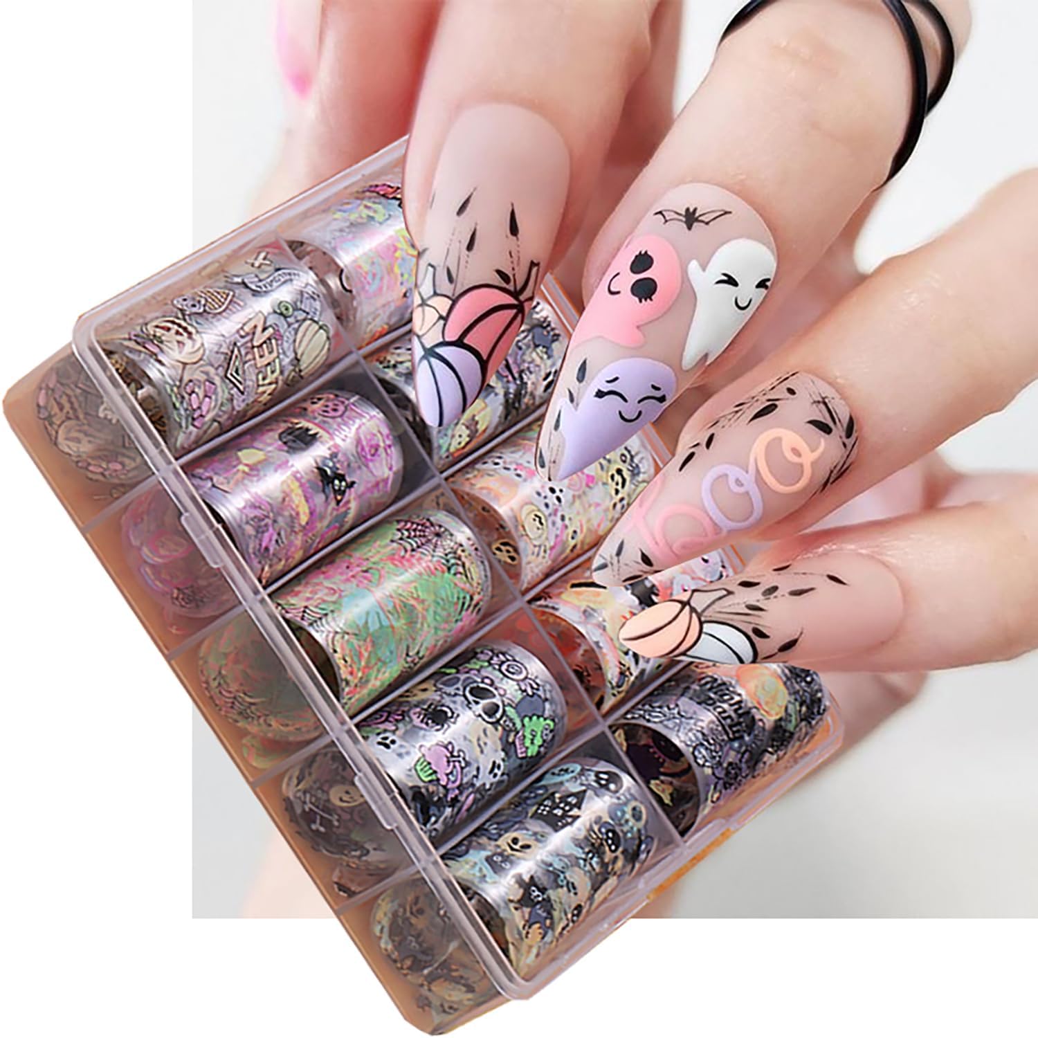 Halloween Nail Foil Transfers Stickers 10 Rolls Cartoon Design Halloween Nail Art Foils Decals Ghost Pumpkin Spider Bat Nail Transfer Foil Cute Nails Supplies Set for Women DIY Manicure Decorations-Velvo Beauty