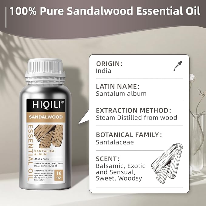 HIQILI Sandalwood Essential Oils, Long-Lasting Scent for Perfume, Diffuser, Soap Making & Candle- 16 Fl Oz-Velvo Beauty