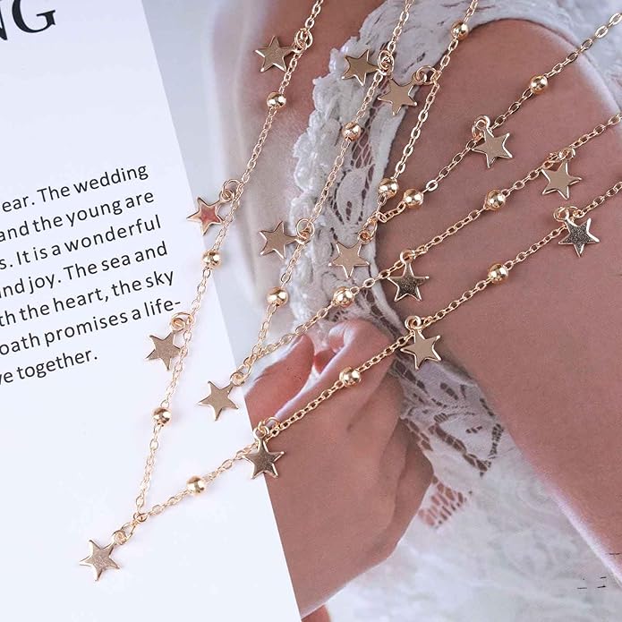 Vintage Layered Star Dangle Necklace Star Pendant Necklace Tiny Star Necklace Gold Bead Chain Necklace Jewelry for Women-Velvo Beauty