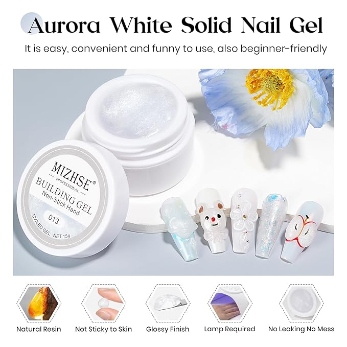 MIZHSE Solid Builder Gel, Aurora White Non-Sticky Hand Sculpting Gel for Nails, Mermaid Pearl 3D Nail Art Building Carving Modeling Hard Extension Soak Off U V LED Manicure Salon Home DIY 15g-Velvo Beauty
