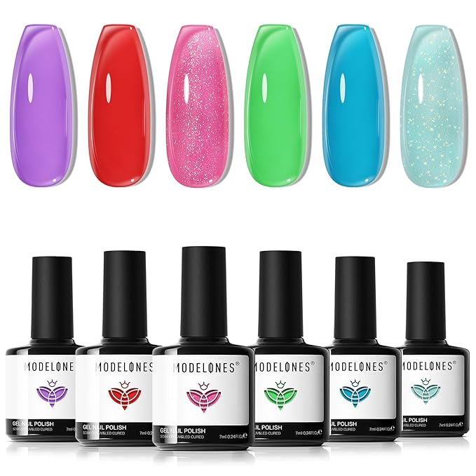 modelones Summer Gel Nail Polish, 6 Colors Jelly Gel Polish Neon LGBT Red Blue Green Pink Purple Nail Art Design Translucent Soak Off Manicure Salon DIY Girls Women Gift-Velvo Beauty