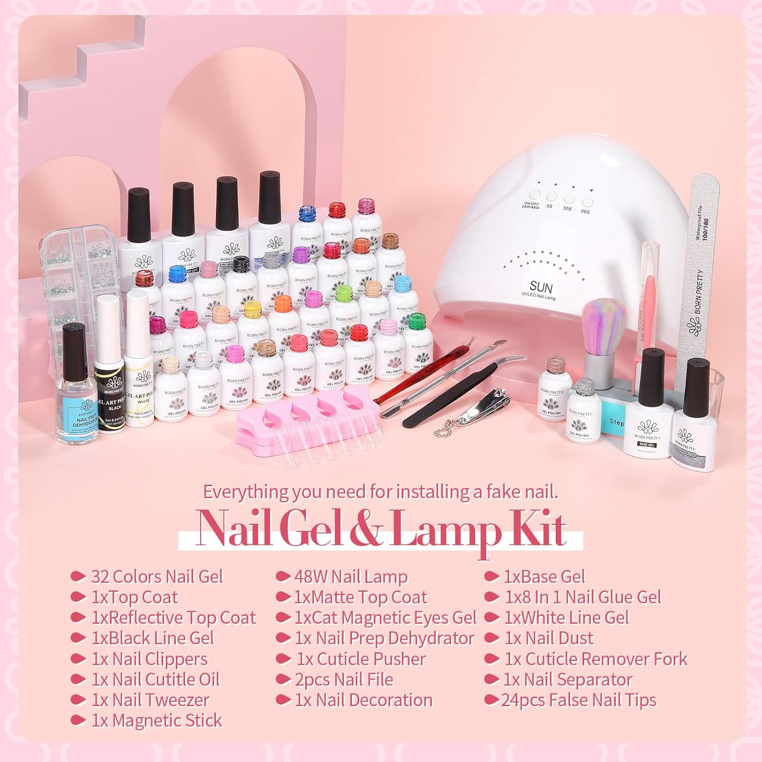 BORN PRETTY 77PCS Gel Nail Polish Starter Kit With U V/LED kit for Beginners 48W 32Colors Nude Pink Cat Magnetic Eyes Glitter Set Reflective Base Top Coat Liner Art Manicure Ideal Gifts-Velvo Beauty